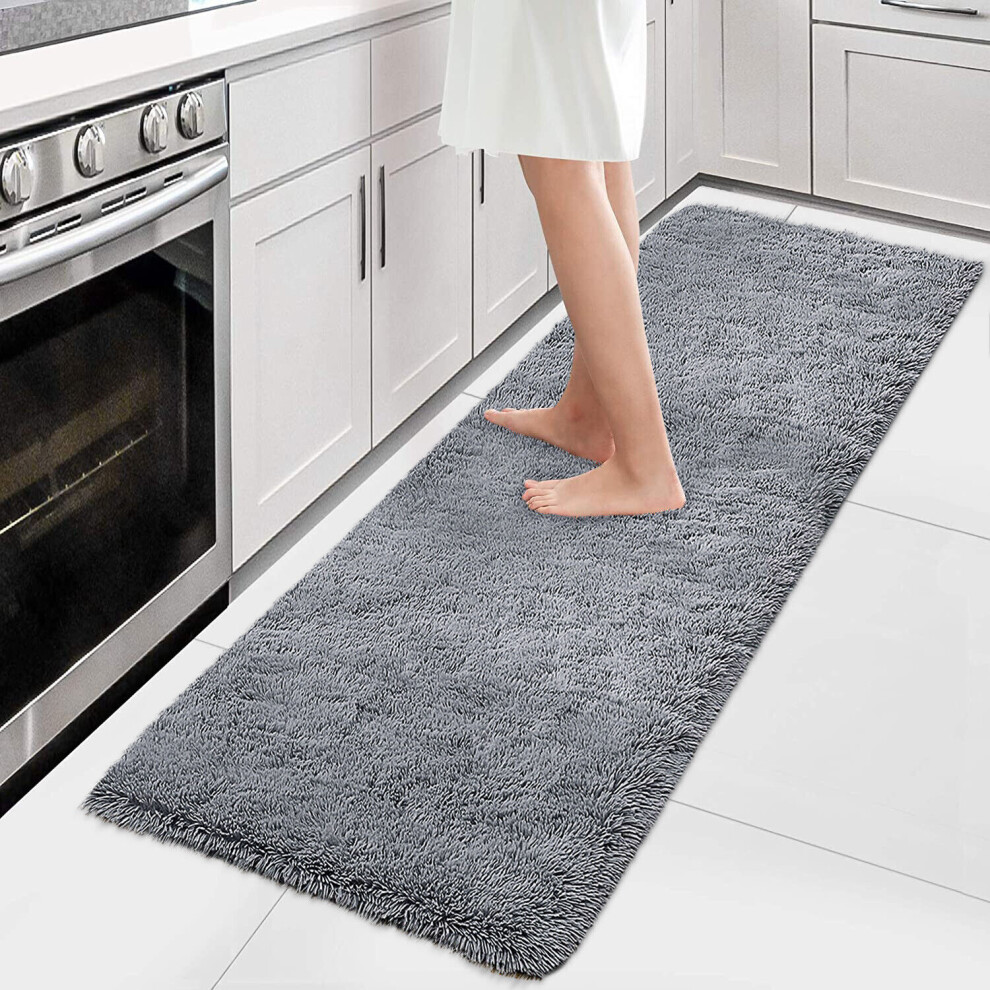 (60cm x 220cm (2ft x 7ft 7")- Runner Carpet Rug, Light Grey/ Silver Carpet Rug) Kitchen Hallway Runner Rugs Soft Pile Shaggy Rug