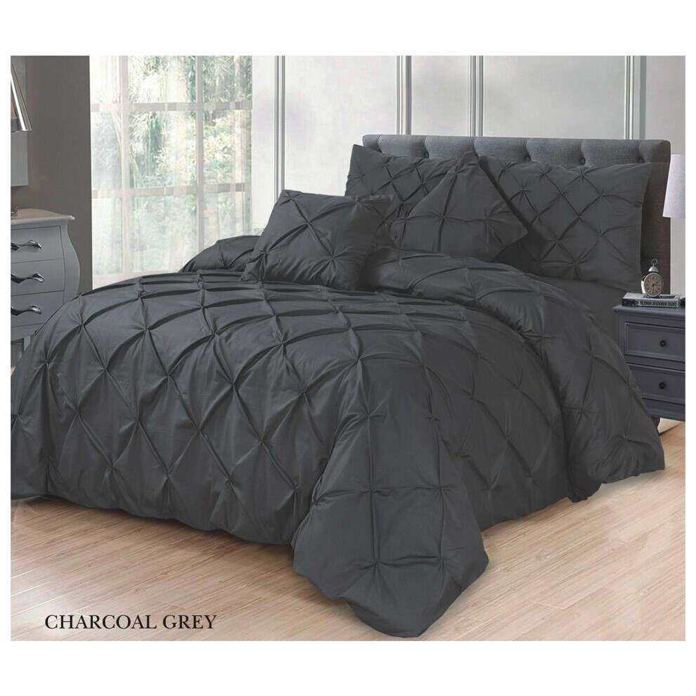 (Charcoal, Super King) Luxury Quilt Diamond Pintuck Duvet Cover Set