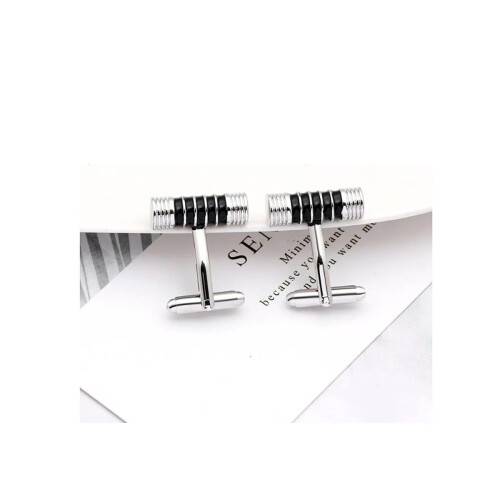 (Black) Silver Barrel Cufflinks Five Stripes Ribbed Design 2