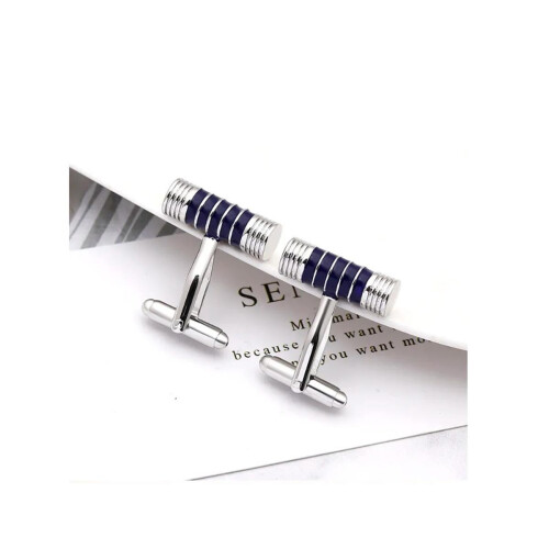 (Blue) Silver Barrel Cufflinks Five Stripes Ribbed Design 2