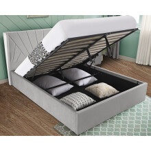 (4ft Small Double, Light Grey) Velvet Ottoman Bed Frame With Storage