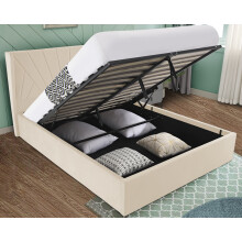 (4ft6 Double, Beige) Velvet Ottoman Bed Frame With Storage