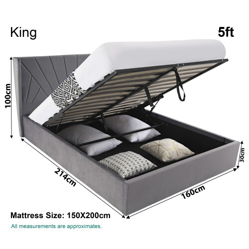 (5ft King Size, Grey) Velvet Ottoman Bed Frame With Storage 2