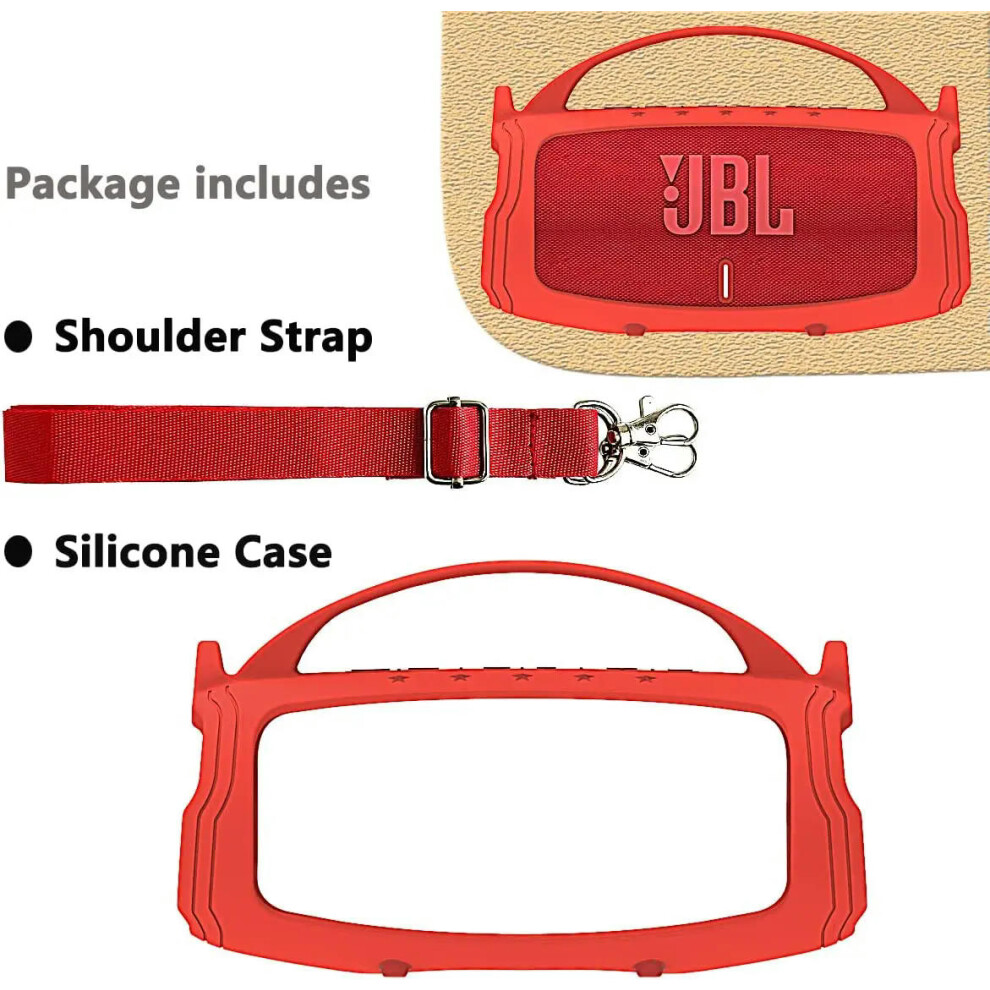 (Red) Silicone Handle  Protective Cover Case for JBL Charge 5 Portable Bluetooth Speaker(ONLY CASE)