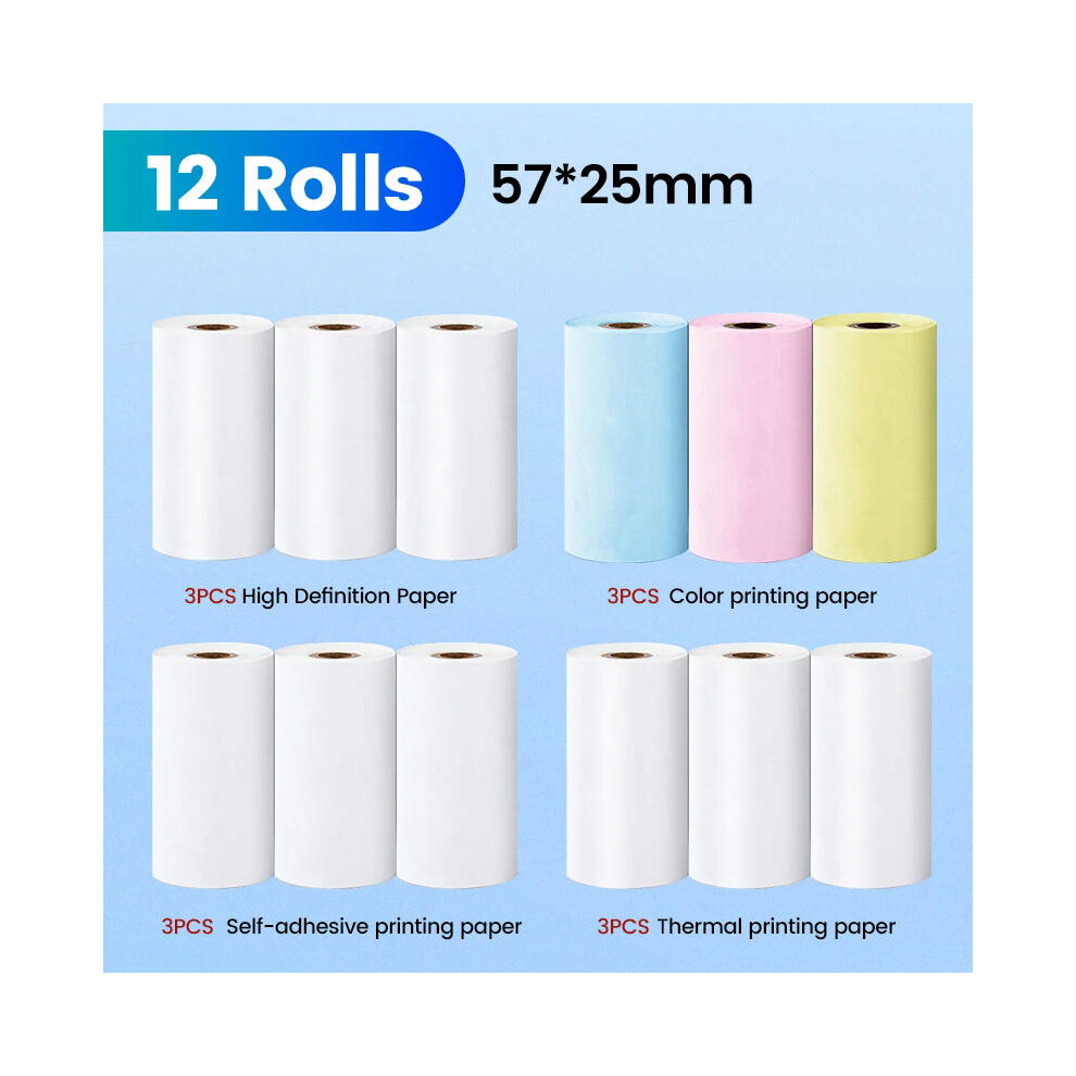 (12Rolls Paper) Mini Printer Portable Pocket Label Thermal Adhesive Sticker Printer Wirelessly Bluetooth Inkless self-adhesive Paper Photo Print