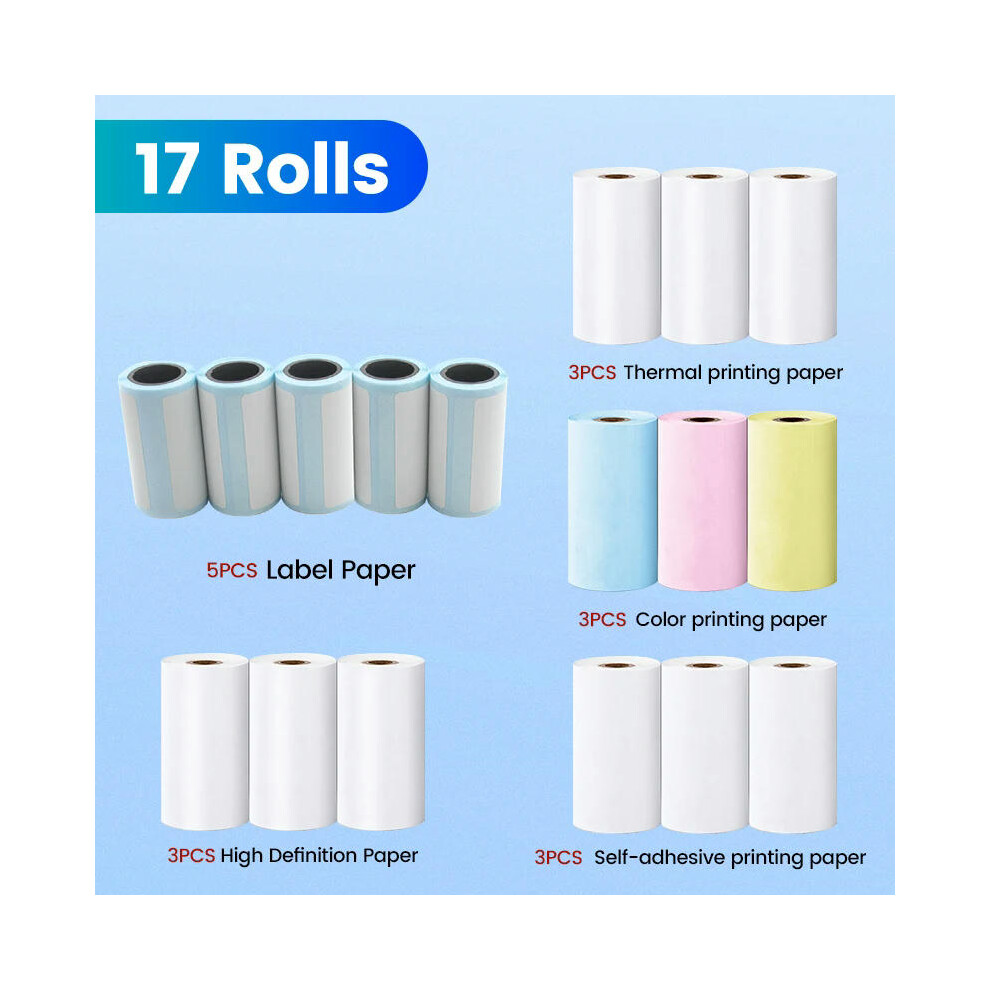 (17Rolls Paper) Mini Printer Portable Pocket Label Thermal Adhesive Sticker Printer Wirelessly Bluetooth Inkless self-adhesive Paper Photo Print