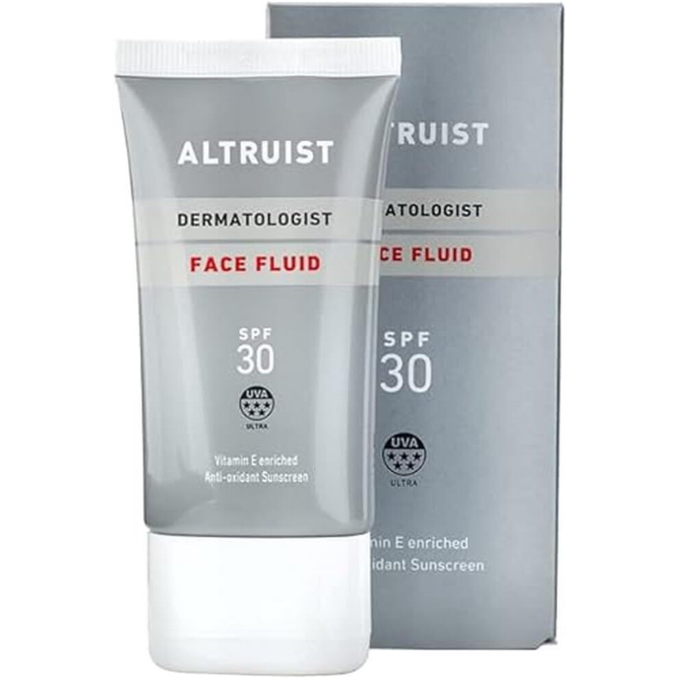 Altruist Dermatologist Sunscreen Fluid SPF30 protection by Dr Andrew Birnie premium antioxidant face protection White Unscented 50 millilitre