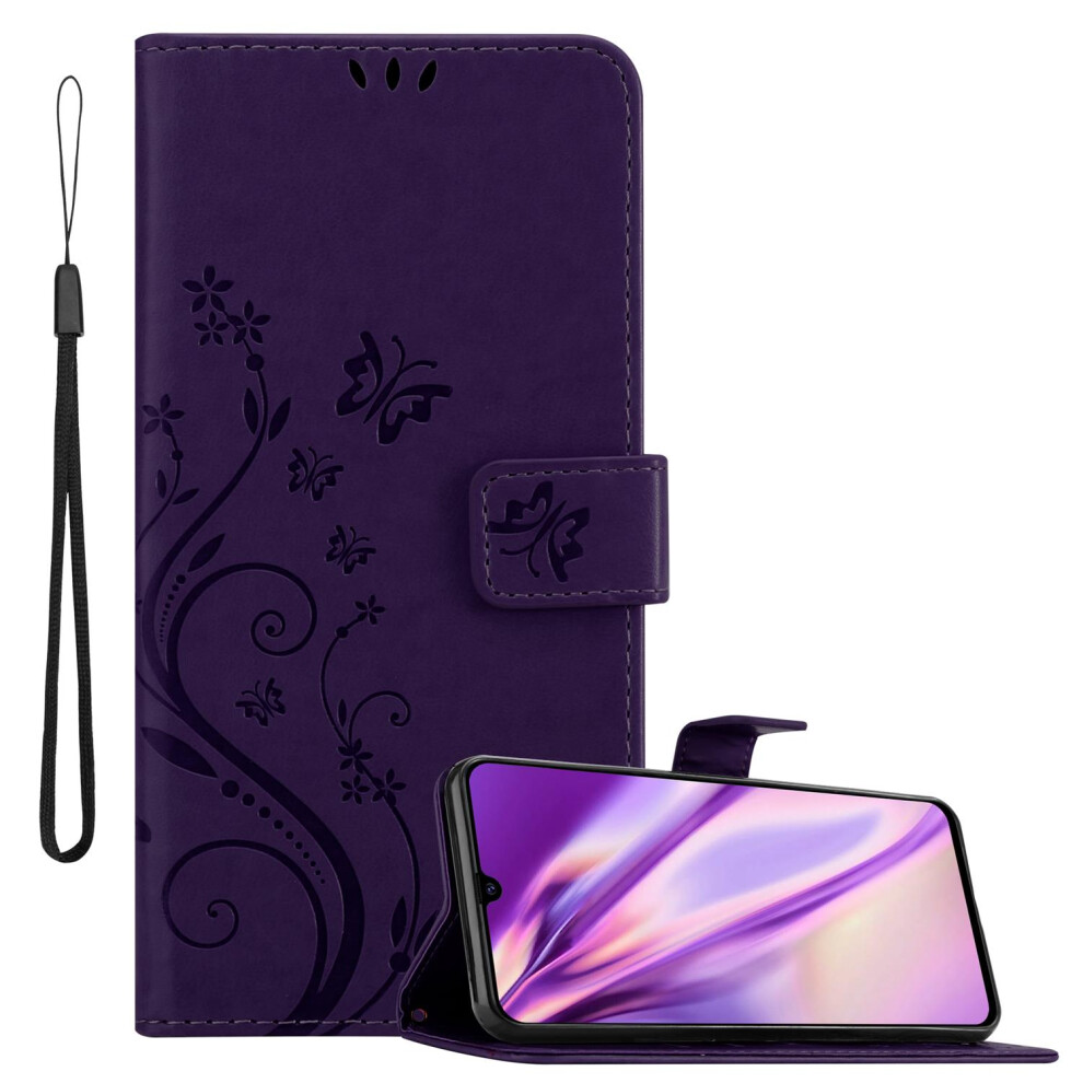 (FLORAL DARK PURPLE) Cadorabo Flower Case for Samsung Galaxy A90 5G Cover Book Wallet Protection PU Leather Flip Etui magnetic closure