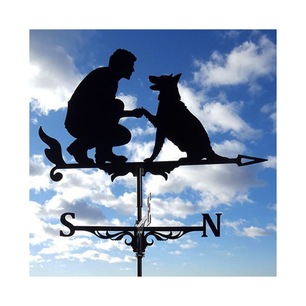 (Man and dog weathervane) Black Metal Weather Vane Wind Indicator Weathercock Garden Shed House Decoration