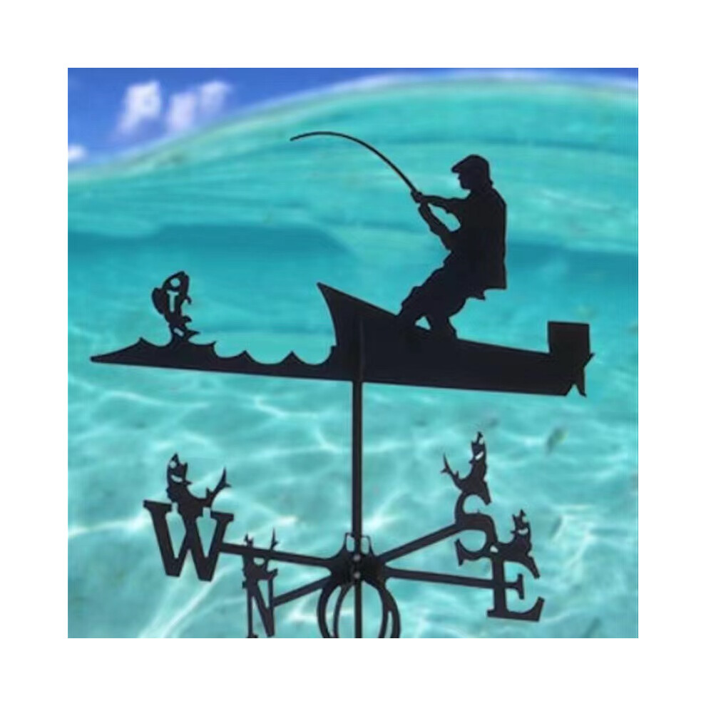 (Fishing 3 weather vane) Black Metal Weather Vane Wind Indicator Weathercock Garden Shed House Decoration