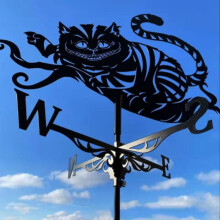 (Cheshire cat weathervane) Black Metal Weather Vane Wind Indicator Weathercock Garden Shed House Decoration