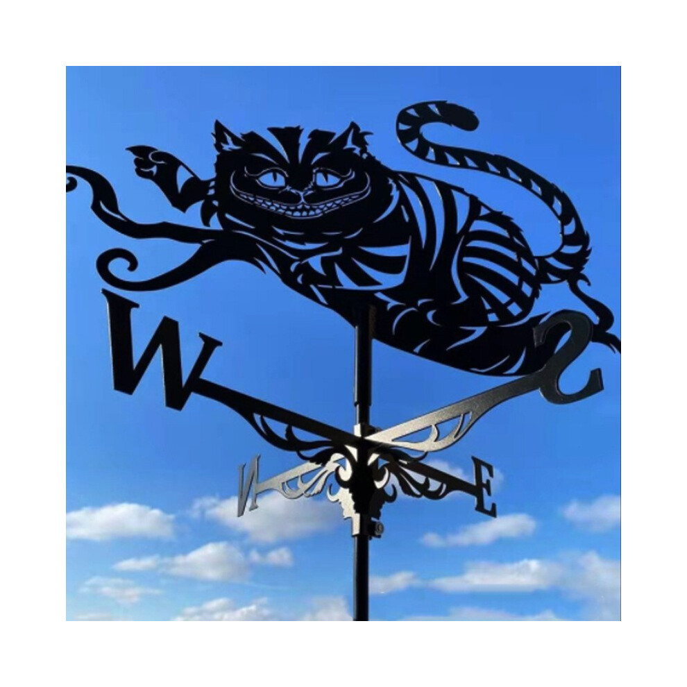 (Cheshire cat weathervane) Black Metal Weather Vane Wind Indicator Weathercock Garden Shed House Decoration