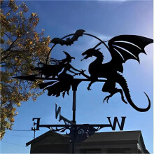 (Dragon and Witch) Black Metal Weather Vane Wind Indicator Weathercock Garden Shed House Decoration