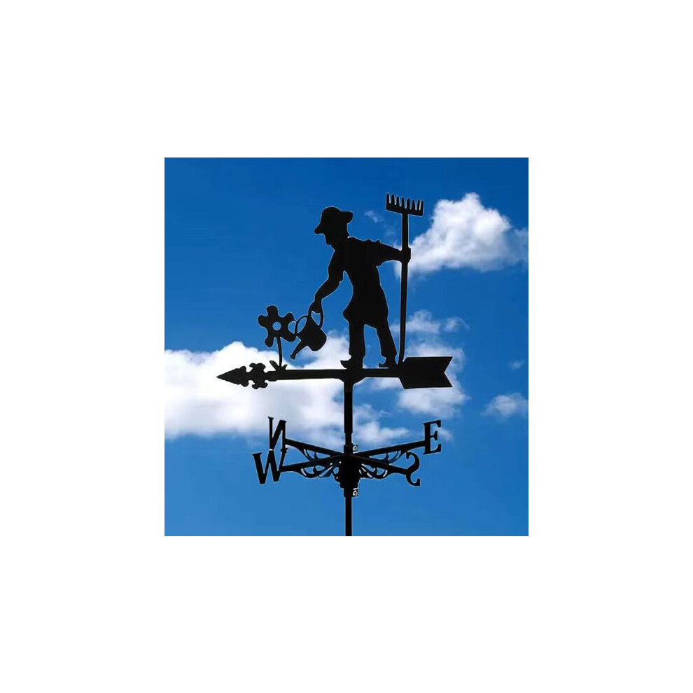 (Flower farmer weathervane) Black Metal Weather Vane Wind Indicator Weathercock Garden Shed House Decoration