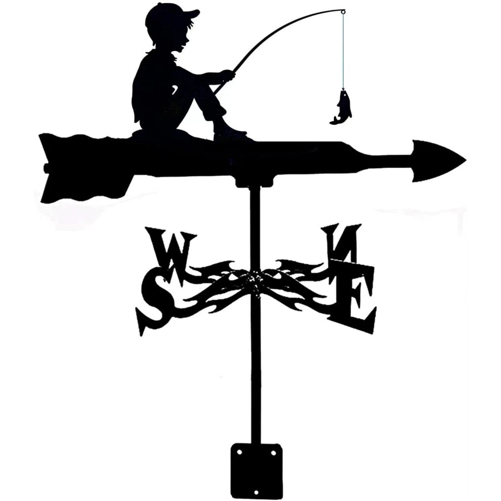 (Fishing weathervane) Black Metal Weather Vane Wind Indicator Weathercock Garden Shed House Decoration