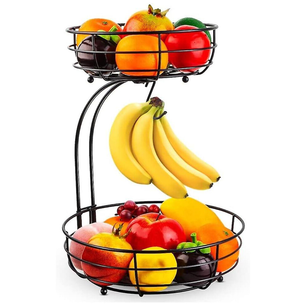 2 Tier Fruit Basket With Banana Holder, Standing Daily Kitchen Modern Fruit Bowl, Practical Fruit Baskets Vegetable Basket Made Of Metal, Black