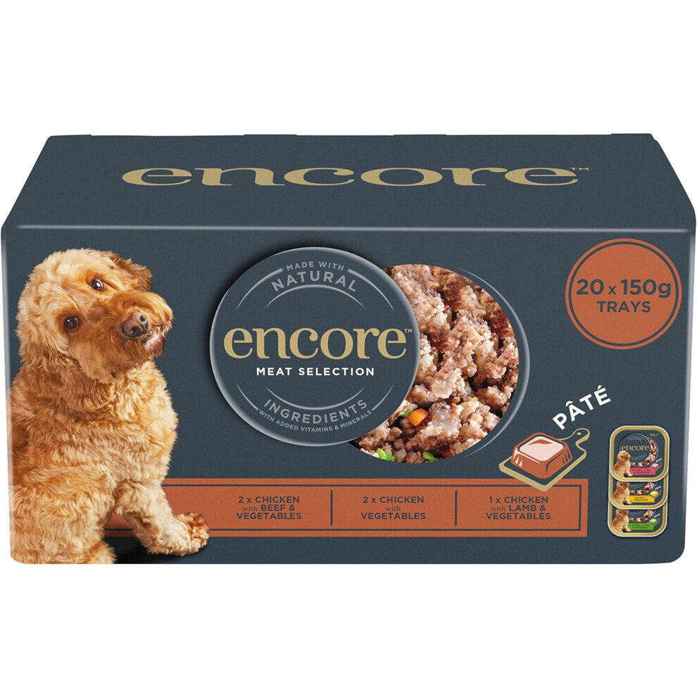 Encore Complete Wet Dog Food, Chicken, Lamb, Beef Pate Selection in 150g Trays (Pack of 20 Trays)