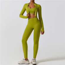 (GREEN, S) Solid Color Sports Bra And Cropped Outerwear And Leggings Three Pieces Suits