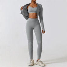 (GRAY, XL) Solid Color Sports Bra And Cropped Outerwear And Leggings Three Pieces Suits