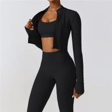 (BLACK, XL) Solid Color Sports Bra And Cropped Outerwear And Leggings Three Pieces Suits