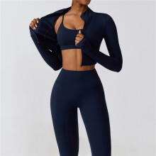 (BLUE, M) Solid Color Sports Bra And Cropped Outerwear And Leggings Three Pieces Suits