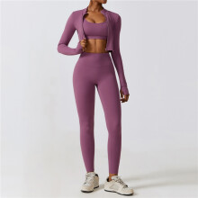 (PURPLE, XL) Solid Color Sports Bra And Cropped Outerwear And Leggings Three Pieces Suits