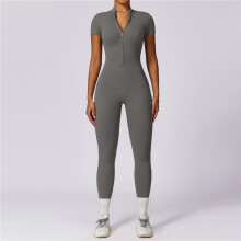 (GRAY, XL) Solid Color Short Sleeve Zipper Skinny Yoga Fitness Jumpsuits
