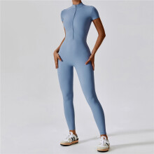 (BLUE, XL) Solid Color Short Sleeve Zipper Skinny Yoga Fitness Jumpsuits