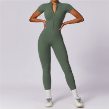 (GREEN, S) Solid Color Short Sleeve Zipper Skinny Yoga Fitness Jumpsuits