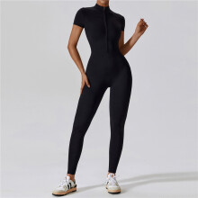 (BLACK, L) Solid Color Short Sleeve Zipper Skinny Yoga Fitness Jumpsuits