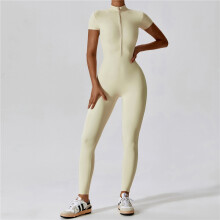 (OATMEAL, L) Solid Color Short Sleeve Zipper Skinny Yoga Fitness Jumpsuits