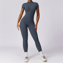 (MANDARIN BLUE, M) Solid Color Short Sleeve Zipper Skinny Yoga Fitness Jumpsuits