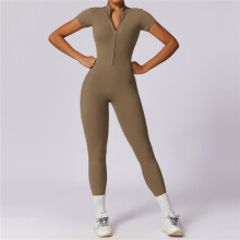 (Brown , M) Solid Color Short Sleeve Zipper Skinny Yoga Fitness Jumpsuits