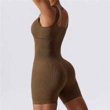 (COFFEE, S) Solid Color Sleeveless U-Neck High Stretch Yoga Slim Rompers