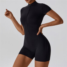 (BLACK, S) Zipper Short Sleeve Yoga Bodysuit