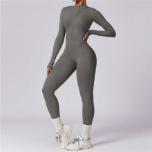 (GRAY, S) Zipper Nude Long Sleeve Yoga Bodysuit