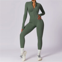(DARK GREEN, M) Zipper Nude Long Sleeve Yoga Bodysuit