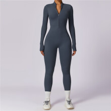 (MANDARIN BLUE, M) Zipper Nude Long Sleeve Yoga Bodysuit