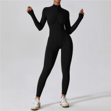 (BLACK, M) Zipper Nude Long Sleeve Yoga Bodysuit