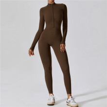 (Brown , L) Zipper Nude Long Sleeve Yoga Bodysuit