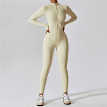 (Apricot , S) Zipper Nude Long Sleeve Yoga Bodysuit