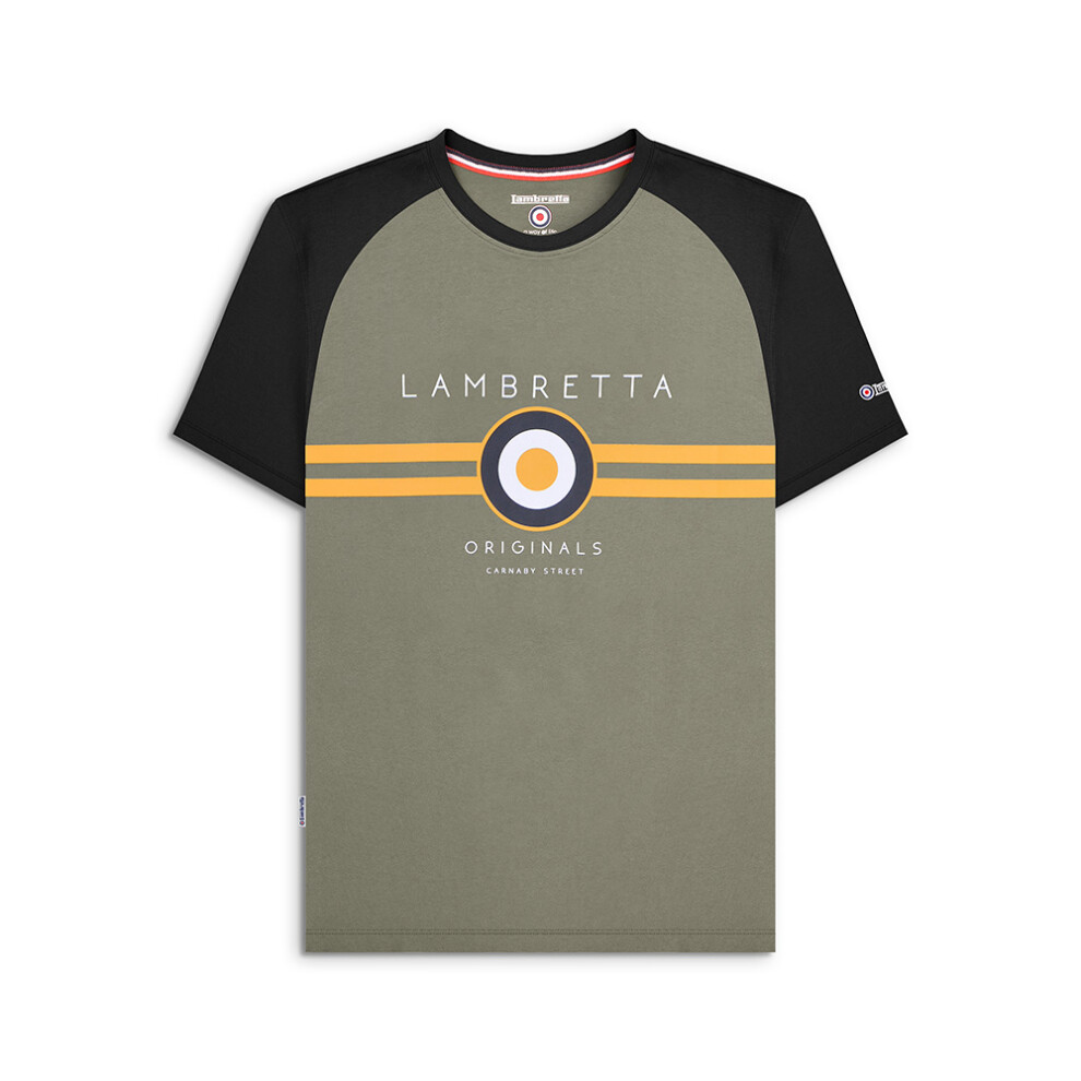 (M, Khaki) Lambretta Mens Target Raglan Crew Neck Casual Retro T-Shirt Top Tee