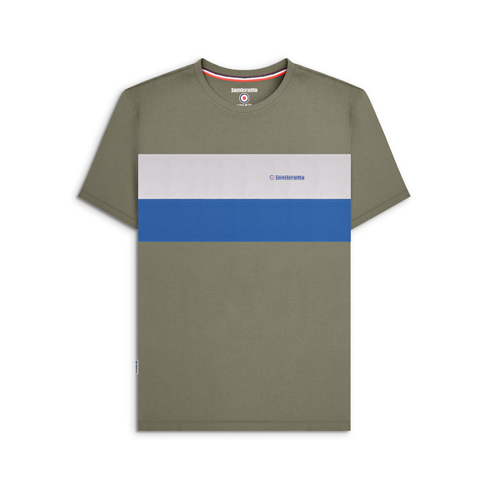 (L, Khaki) Lambretta Mens Panelled Casual Cotton Crew Neck Short Sleeve T-Shirt Top Tee