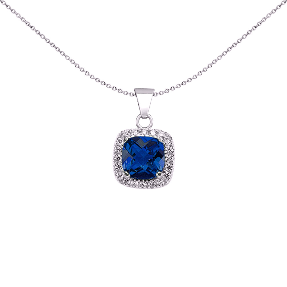 Jewelco London Ladies Sterling Silver Sapphire-Blue Cushion Cubic Zirconia Halo Cluster Pendant Necklace 18 inch - GVP191