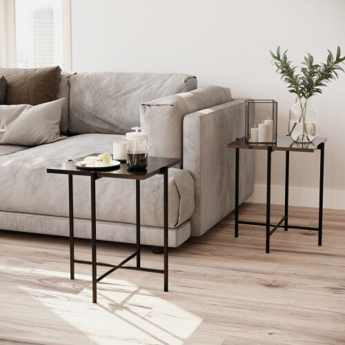 URBN Living (Black Square) 2 Pcs Square Round Marble Effect Tops Side End Coffee Table Metal Frame