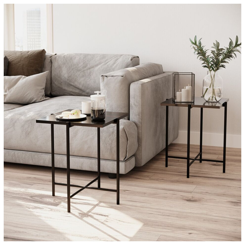 (Black Square) 2 Pcs Square Round Marble Effect Tops Side End Coffee Table Metal Frame