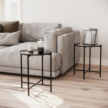 (Black Round) 2 Pcs Square Round Marble Effect Tops Side End Coffee Table Metal Frame