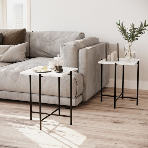 URBN Living (White Square) 2 Pcs Square Round Marble Effect Tops Side End Coffee Table Metal Frame