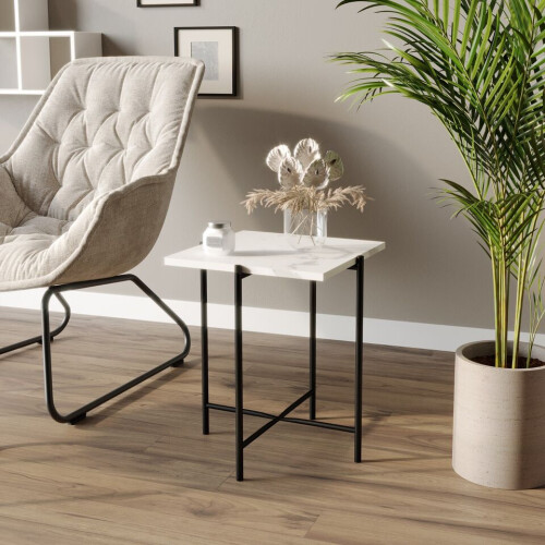URBN Living (White Square) 2 Pcs Square Round Marble Effect Tops Side End Coffee Table Metal Frame 2