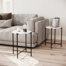 (White Round) 2 Pcs Square Round Marble Effect Tops Side End Coffee Table Metal Frame